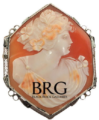 Superb Antique 14K White Gold Large Hexagon Cameo Brooch